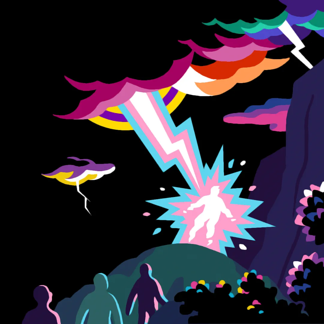 Illustration : un éclair multicolore frappe une silhouette entourée d'une foule