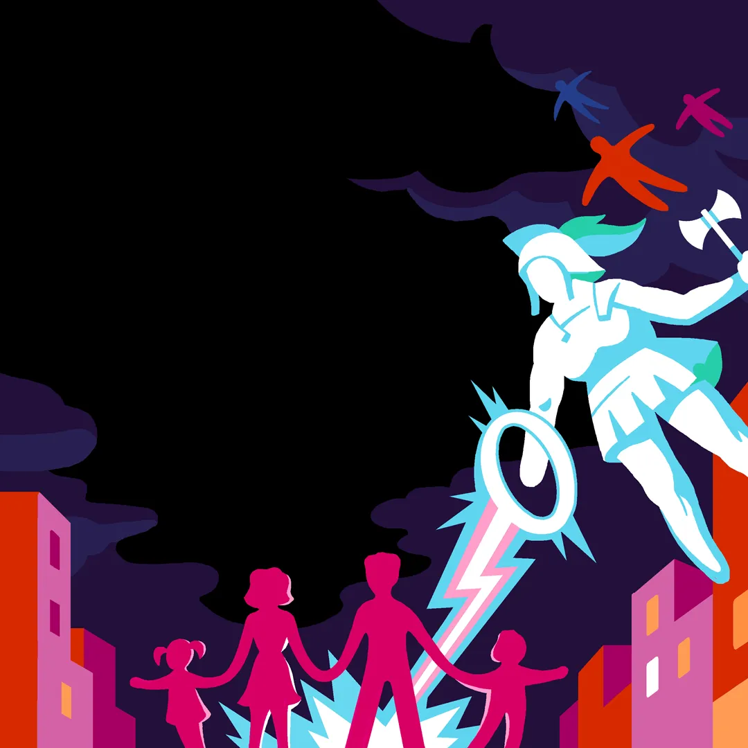 Illustration : une figure d'éclair protectrice veille sur une famille